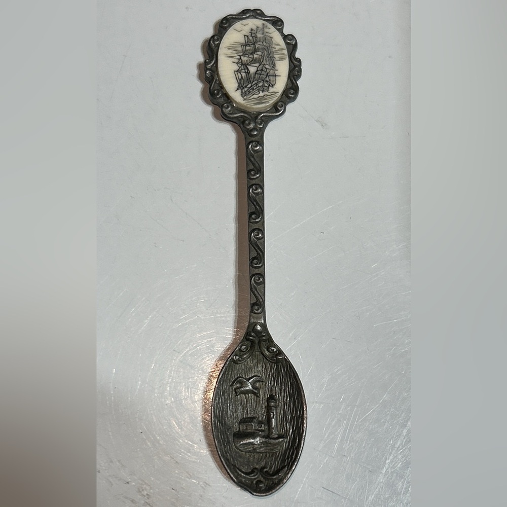 Vintage Antique Gish Collectible Pewter Souvenir Spoon Ship on bone tile 3.5”